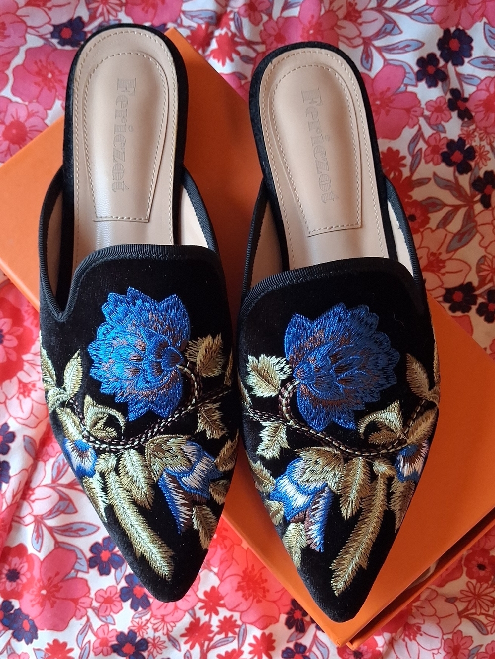 Black Velvet Slide Mules with Blue And Tan/olive Green Floral Embroidery